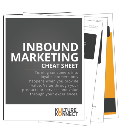 Thumbnail image of cover of PDF. It reads: INBOUND MARKETING CHEAT SHEET. Turning consumers into loyal customers only happens when you provide value. Value through your products or services and value through your experiences.